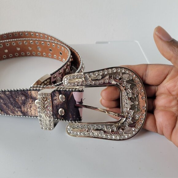 Blazin Roxx Ladies Rhinestone Pink & Brown Studded Leather Belt (Size: XL) - Picture 6 of 13